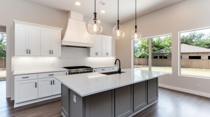 Modern kitchen with white cabinets and an island.