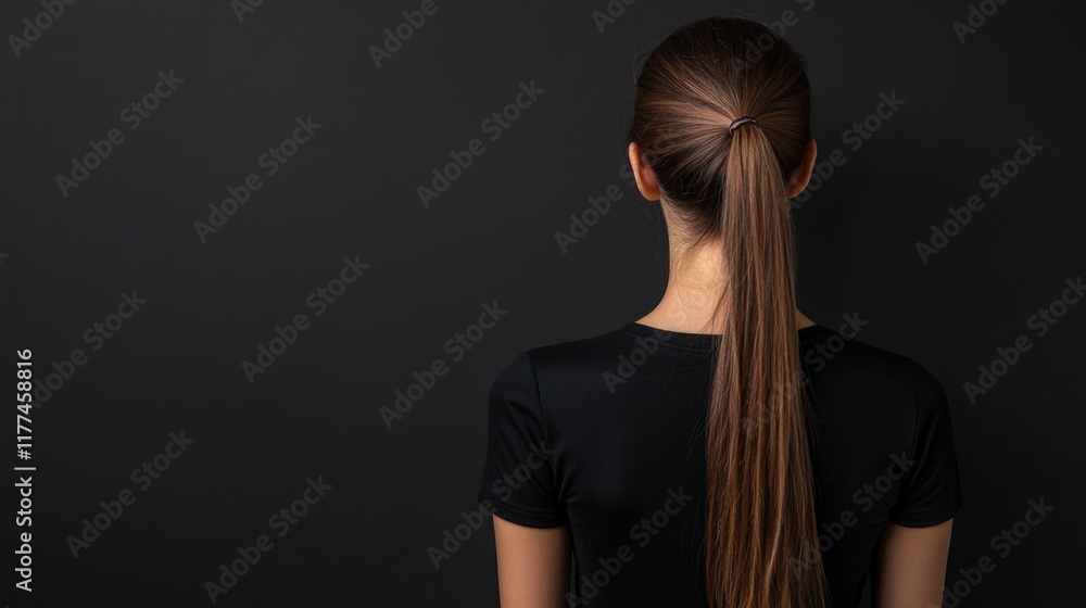 Poster woman with long ponytail facing dark background in a black shirt with ample empty space for text and
