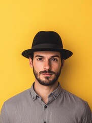 Portrait of a man wearing a black hat against a vibrant yellow background with ample negative space for text or branding elements.