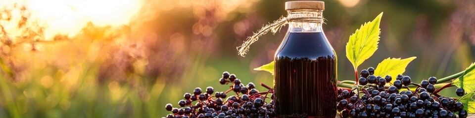 Close-up of elderberry and elderberry juice. Selective focus