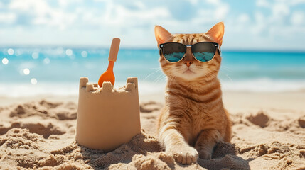 Playful cat wearing sunglasses building a sandcastle, symbolizing creativity and fun, ideal for family-friendly branding or summer campaigns