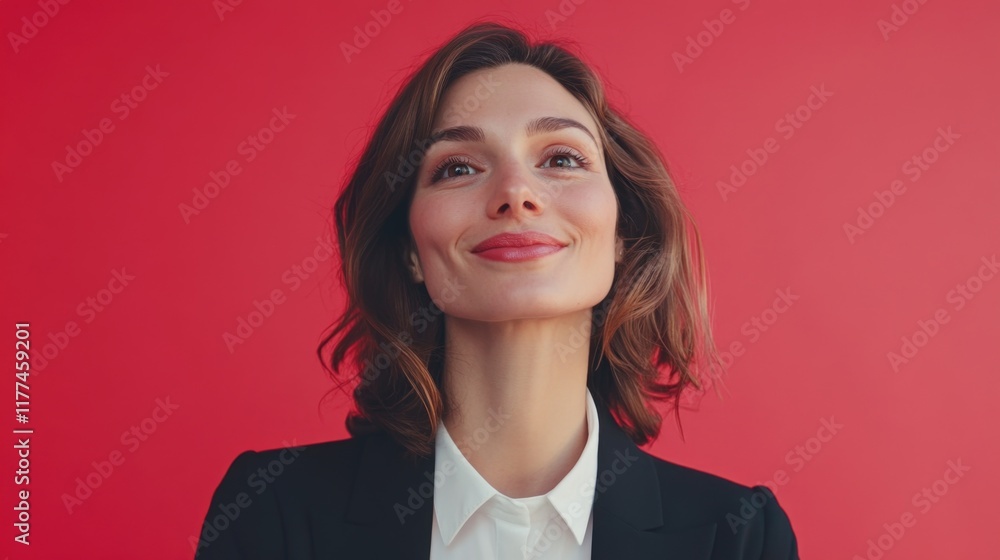 Poster smiling businesswoman in formal attire against vibrant red background engaged in online video call w