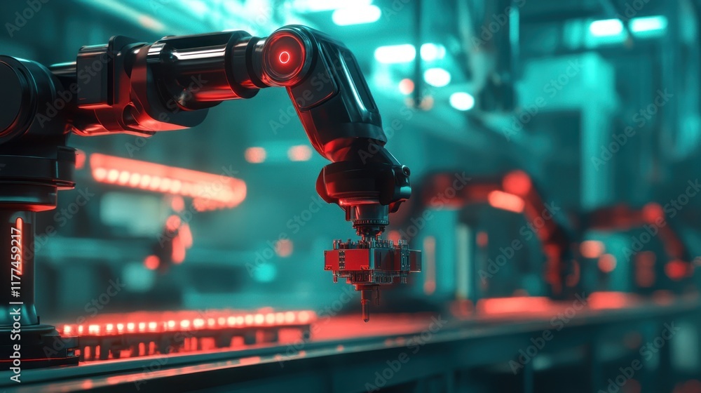 Poster robotic arm in a futuristic industrial setting, showcasing automation and precision in manufacturing