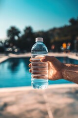 Close-up of a bottle of water in hands. Selective focus