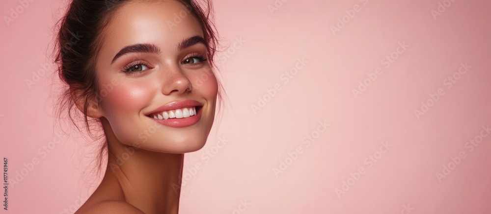 Poster smiling young woman with flawless skin in profile against soft pink background with ample empty spac