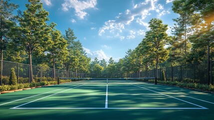Vibrant Outdoor Tennis Court Nestled Among Tall Pine Trees on a Sunny Day | Photorealistic Sports Background