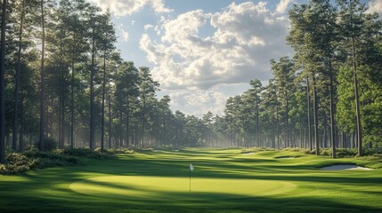 Obraz premium Tranquil Golf Course Scene with Flag in the Hole, Lush Fairways, and Towering Trees against Beautiful Sky | Photorealistic Landscape