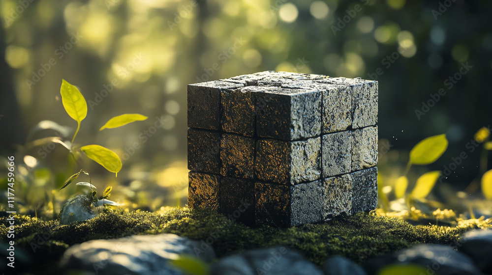 Poster moss-covered cube in a lush forest setting with soft sunlight filtering through trees