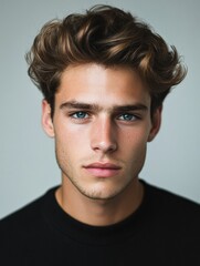 Fototapeta premium Handsome young man with tousled brown hair and striking blue eyes, posed confidently against a soft grey background, ideal for copyspace and portraiture use.