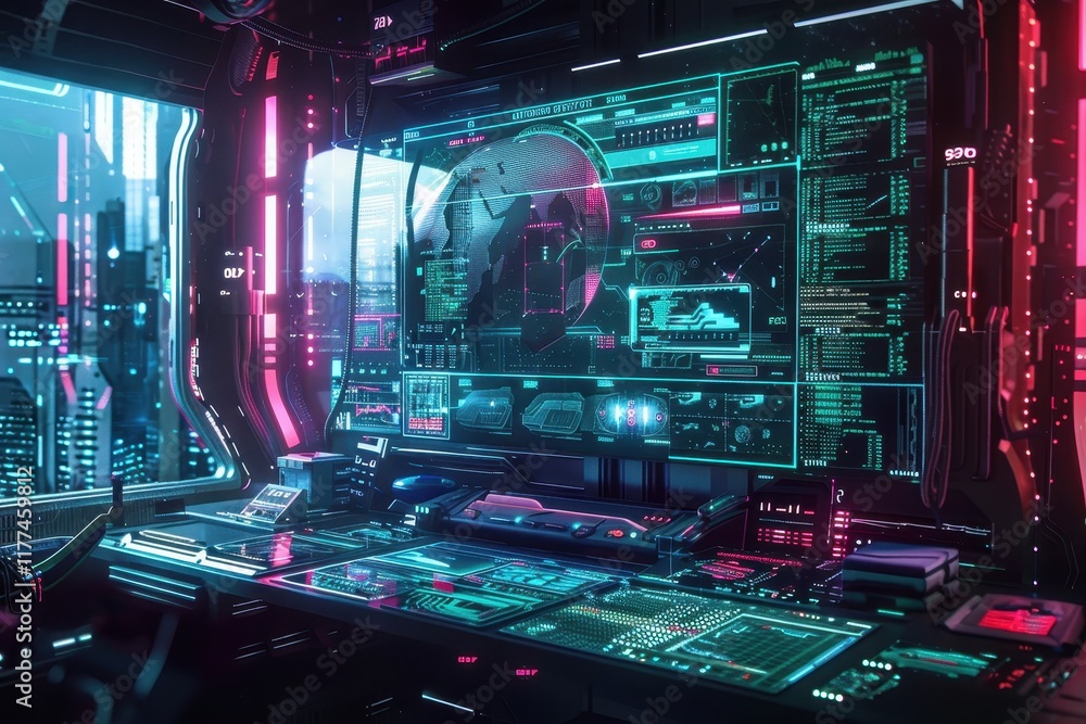 Poster futuristic tech console with neon lights and data displays