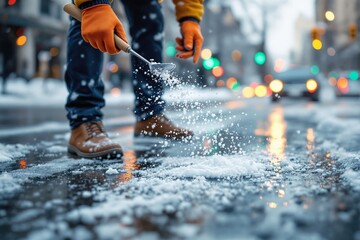 Close-up of a person spreading salt on an icy sidewalk in a city, wearing gloves and boots, with blurred colorful city lights in the background. Ai generative