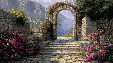 Fototapeta premium Serene coastal stone archway with blooming flowers, leading to a breathtaking ocean view. A picturesque pathway invites tranquility and escape.