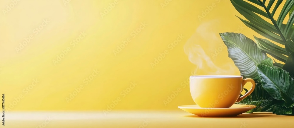 Poster yellow teacup steaming on a wooden table with lush green leaves against a vibrant yellow backdrop cr