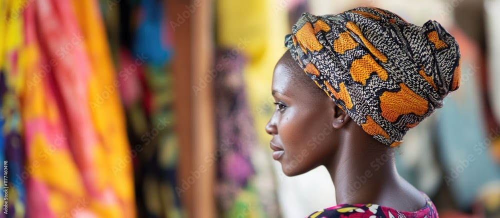 Poster tanzanian woman in vibrant snake print turban focused on fabrics in colorful shop with large empty c