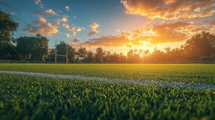 Rugby sevens field with perfectly trimmed grass, painted white boundary lines, and sturdy upright goalposts set in a rural landscape under soft, golden hour lighting