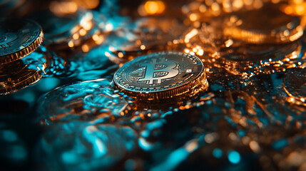 Bitcoin coins scattered on a reflective surface with glowing blue and gold hues