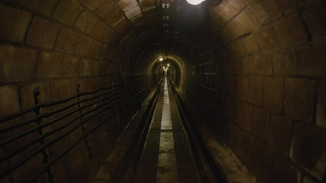 Panning shot of a dimly lit underground tunnel with arched walls, metal pipes secured along one side, and a narrow pathway leading into the distance. Passage under Fort de Mutzig fortress 