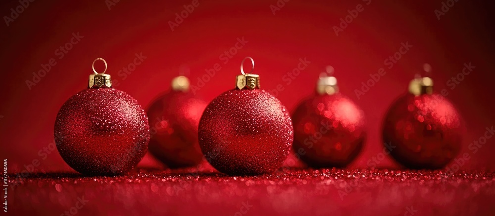 Poster vibrant red christmas ornaments arranged on a rich red background creating a festive holiday atmosph