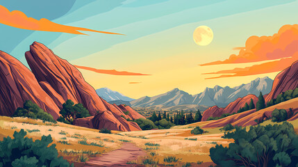 Colorado red rocks. sunrise panoramic view at red rocks park, denver, colorado. Foothill. Illustration