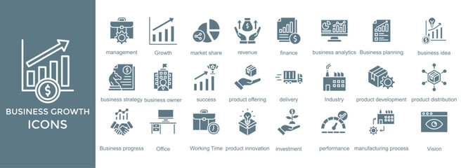 business growth icon set. with icon management,Growth,finance,business analytics,Business planning