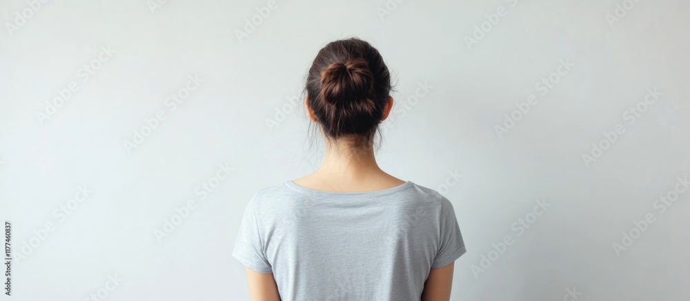 Poster back view of woman in stylish gray t-shirt against soft white background with ample copy space for c