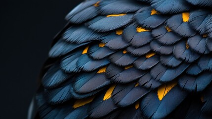Obraz premium A close up of a bird's feather with a blue and yellow pattern