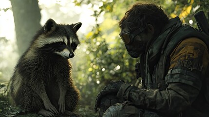 Raccoon and Soldier Encounter in a Forest Setting