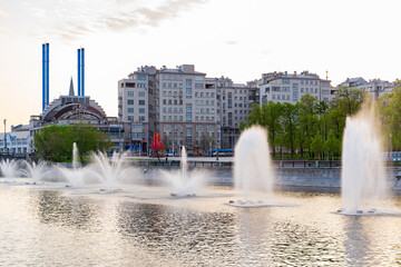 Bolotnaya Square Floating fountains on the Moscow River On Luzhkov Bridge