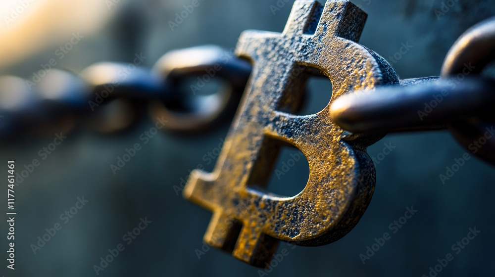 Poster bitcoin symbol attached to a chain with a blurred background on a sunny day