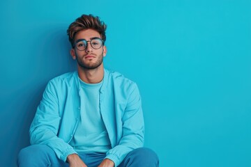 Young man in stylish blue outfit seated against a solid turquoise wall exuding relaxation with ample empty copyspace for text