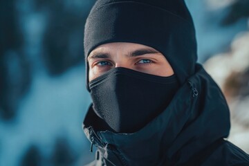 Young man in black ski mask and jacket with piercing blue eyes against snowy mountain backdrop, ideal for text overlay and winter themes.