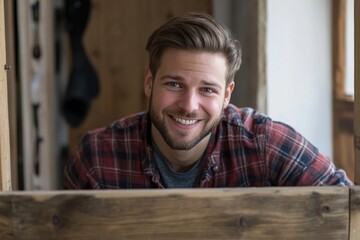 Obraz premium Handsome young Caucasian man in plaid shirt smiling while repairing wooden furniture with screwdriver in cozy indoor workshop setting with natural light