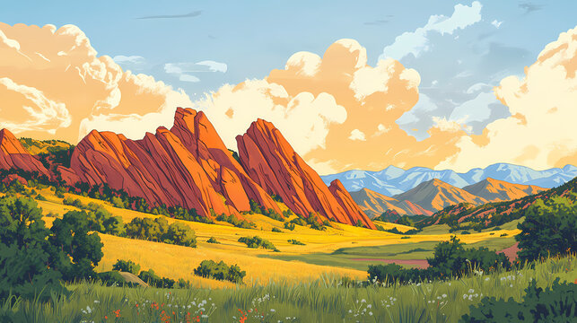 Colorado red rocks park at sunrise in denver with foothills landscape. Foothill. Illustration