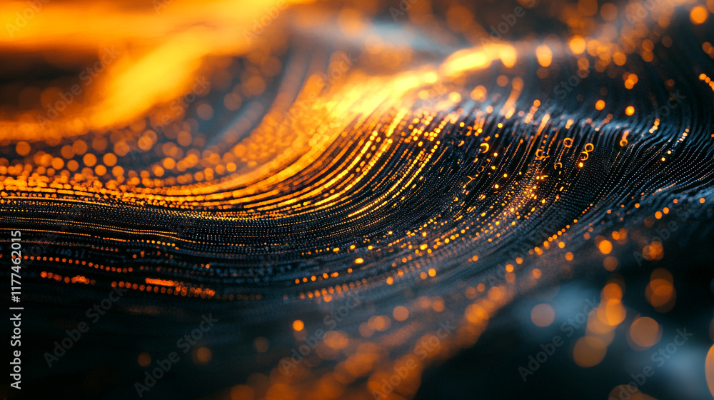 Poster colorful abstract patterns with glowing particles and light effects in a dark environment