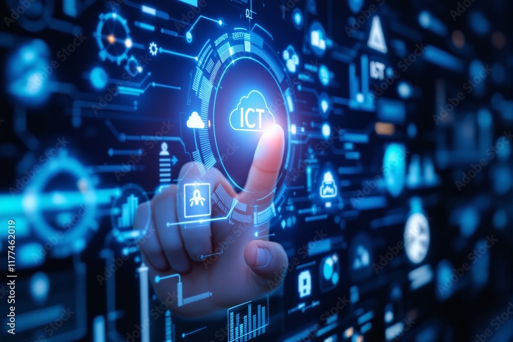 Poster a glowing ict symbol on a futuristic digital interface, illuminated by a finger touch, with a dynami