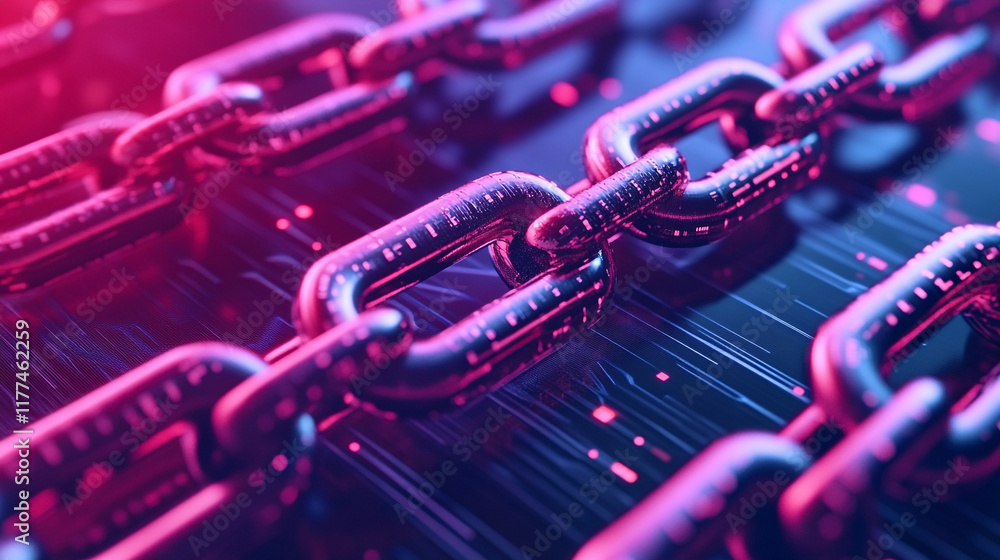 Poster colorful metallic chain links create a captivating abstract design in a digital environment