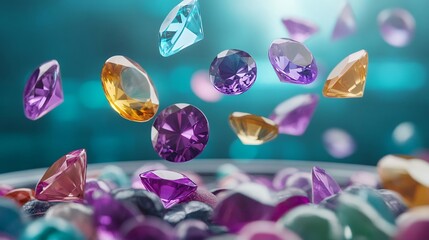 Fototapeta premium Vibrant Gemstones Falling Into Jewel Box Colorful Precious Stones