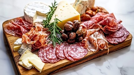 sausage and cheese slices on a cutting board. Selective focus