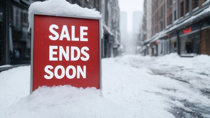 Winter sale discount exclusive concept. A snow-covered street features a prominent sign announcing a sale that ends soon, creating a striking contrast against the winter backdrop.