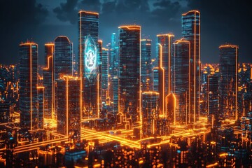 Obraz premium Futuristic cityscape at night with glowing buildings, digital lock icon, and connected network infrastructure