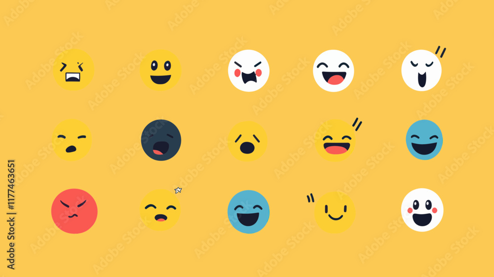 Poster editable vector emoticons set with various facial expressions for digital communication and social m