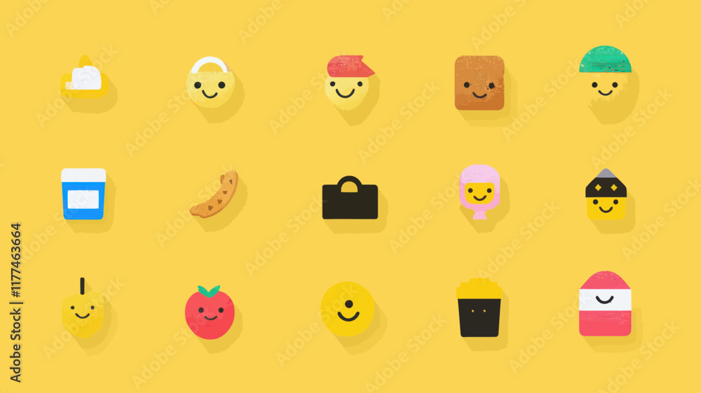 Aufkleber colorful vector emoji set: creative and fun windows emojis with smiley faces and objects on yellow b
