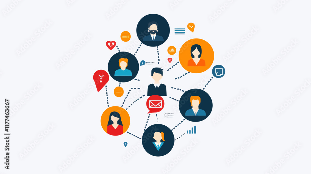 Poster flat design concept of social network connections with diverse user avatars and communication icons 