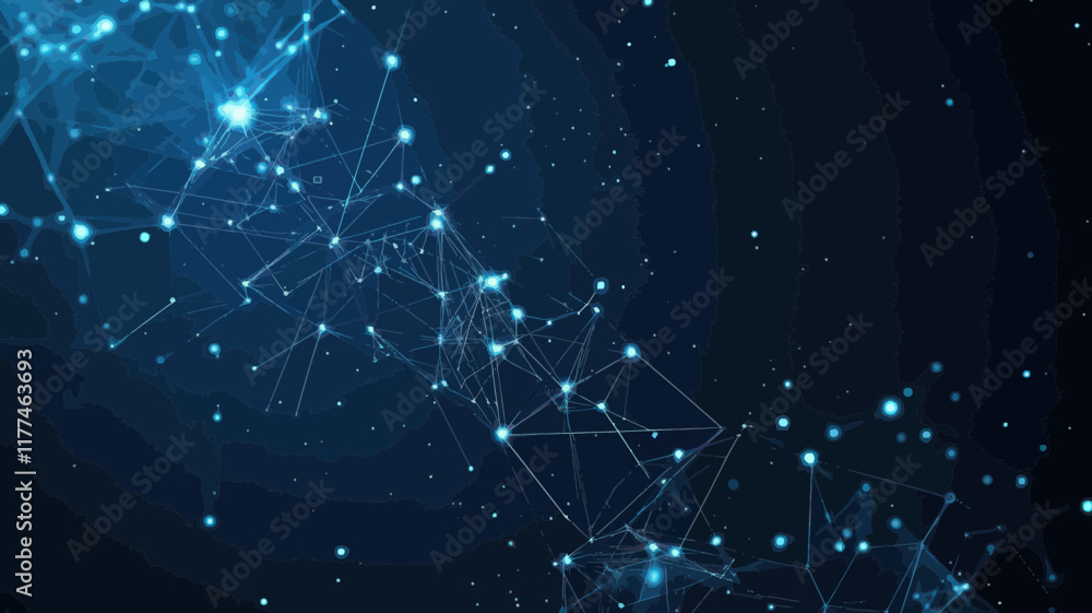 Aufkleber digital abstract polygonal network with glowing particles in dark blue, connectivity concept, ai tec