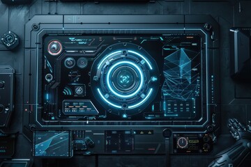 Futuristic Interface with Blue Glowing Lights and Data Displays