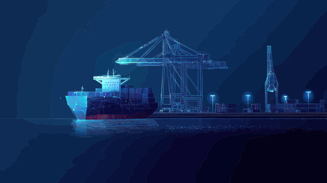 Digital Polygonal Sea Port with 3D Cargo Ship, Port Cranes, and Containers in Dark Blue - Concept of Transportation, Logistics, Business, Worldwide Shipping - Abstract Vector Mesh Illustration
