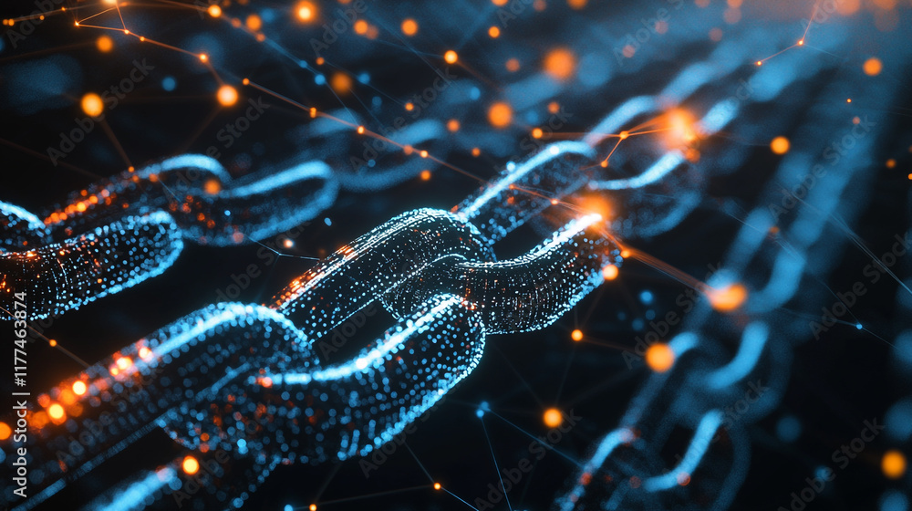 Poster digital representation of interconnected chains illustrating blockchain technology advancements