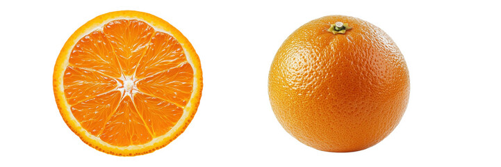 Whole and Sliced Orange Contrast, vibrant orange color, juicy texture, fresh appearance, white background, citrus fruit. Isolated on white background or PNG