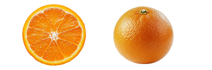 Whole and Sliced Orange Contrast, vibrant orange color, juicy texture, fresh appearance, white background, citrus fruit. Isolated on white background or PNG