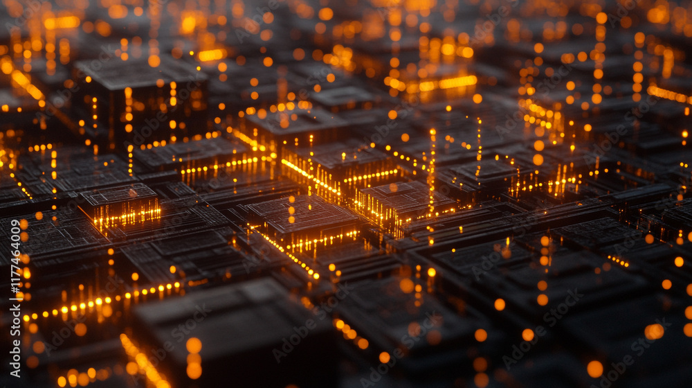 Poster microchip technology illuminated by orange lights showcases intricate design and functionality